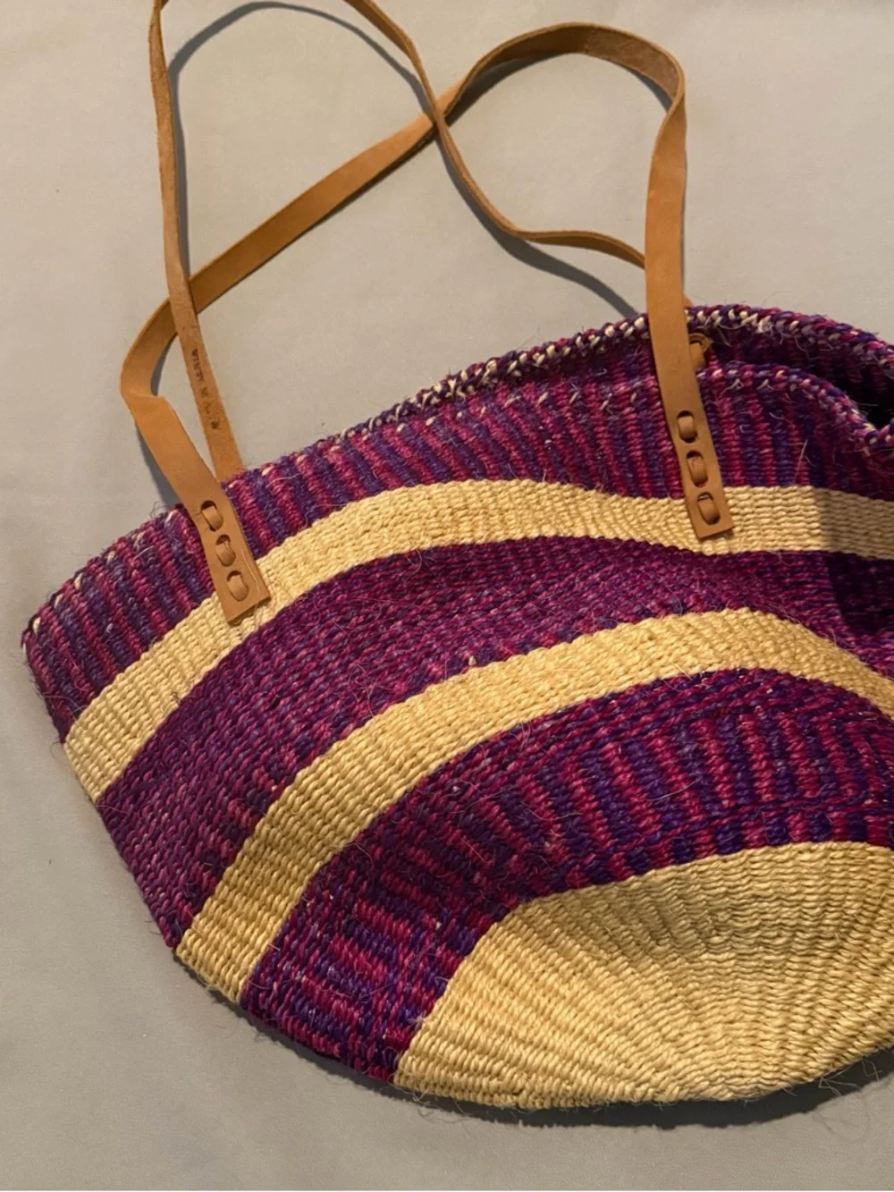 Woven Straw Tote Bag in Purple & Cream with Leather Straps Made in Kenya - Picture 8 of 9
